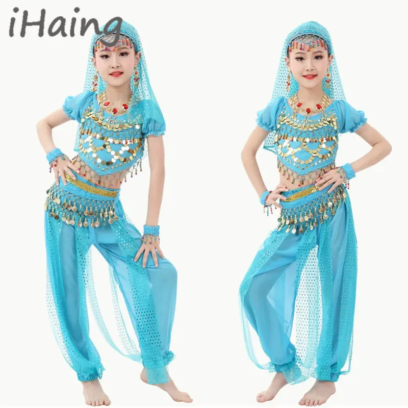 

Детский арабский индийский топ для танца живота, штаны-шаровары, костюм для девочек, сценический костюм, арабский вечерние костюм для Хэллоуина, Болливуда, комплект для косплея
