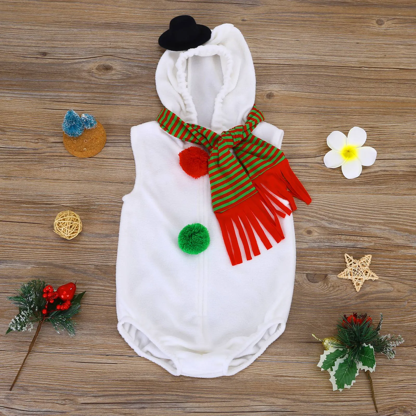 Merry Christmas Infant Baby Romper Suit Boys Girls Long Sleeve Xmas Cosplay Costume Snowman Fleece Hoodie Jumpsuit+Scarf Sets