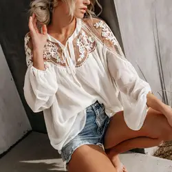 Casual Blouse Front Lace-up Chiffon Blouse Pure Colors Summer Lace Mesh See-through Splicing Loose Top Shirt Soft Texture