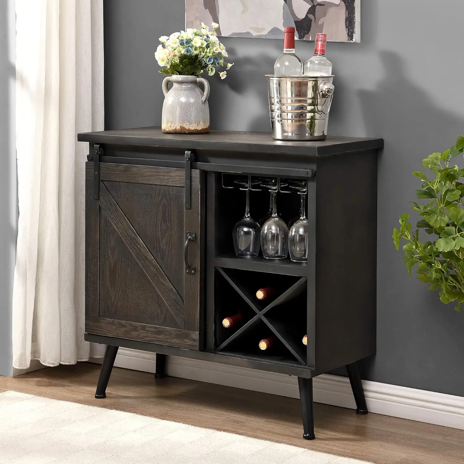 Dark Brown Barn Door Bar Cabinet for Wine & Glasses,  Coffee Buffet Cabinet w/ Sliding Door for Dining Room or Kitchen, Wood