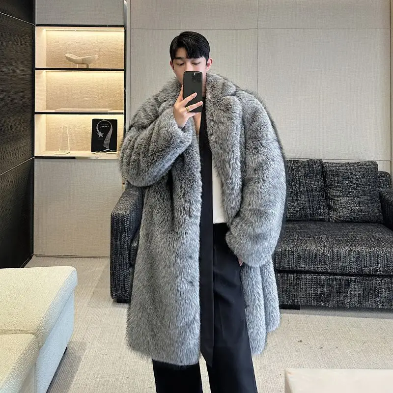 One-piece Eco-friendly Fur Winter Faux Fox Fur Coat Men's Mid-length Suits and Trends Fur Coat Men Casacas Para Hombre Jaquetas