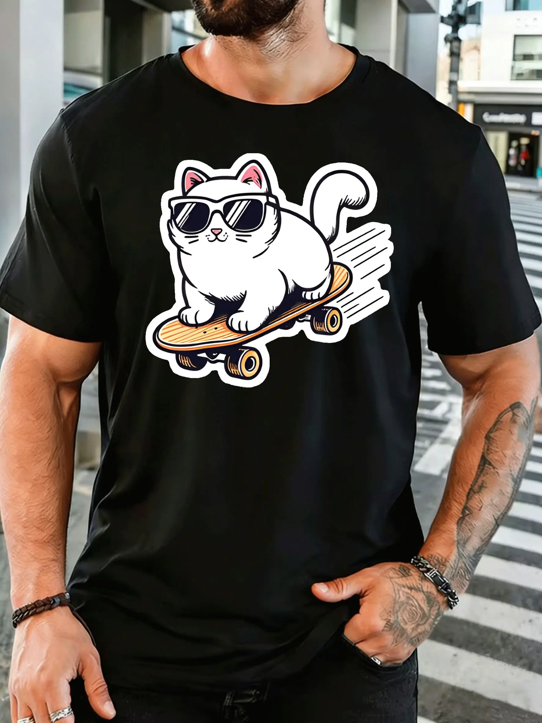 Cool White Cat Riding Skateboard Mens Front Print T Shirt Sunglasses Kitty Cartoon Graphic Tee Casual Short Sleeve Skater Gift