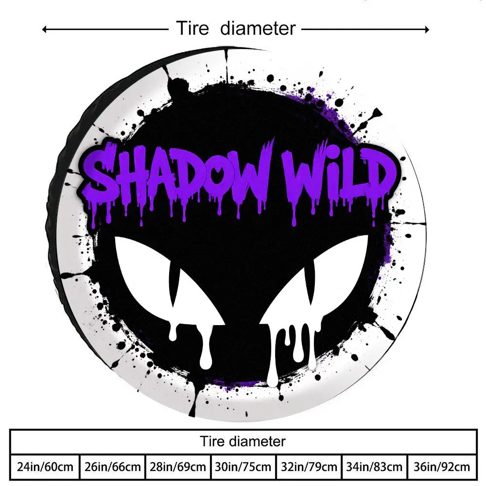 Tire Cover SHADOW WILD Graffiti Style Tire Protector In Purple And Black With Splatter Pattern And Cartoon Eyes Design, Made Of