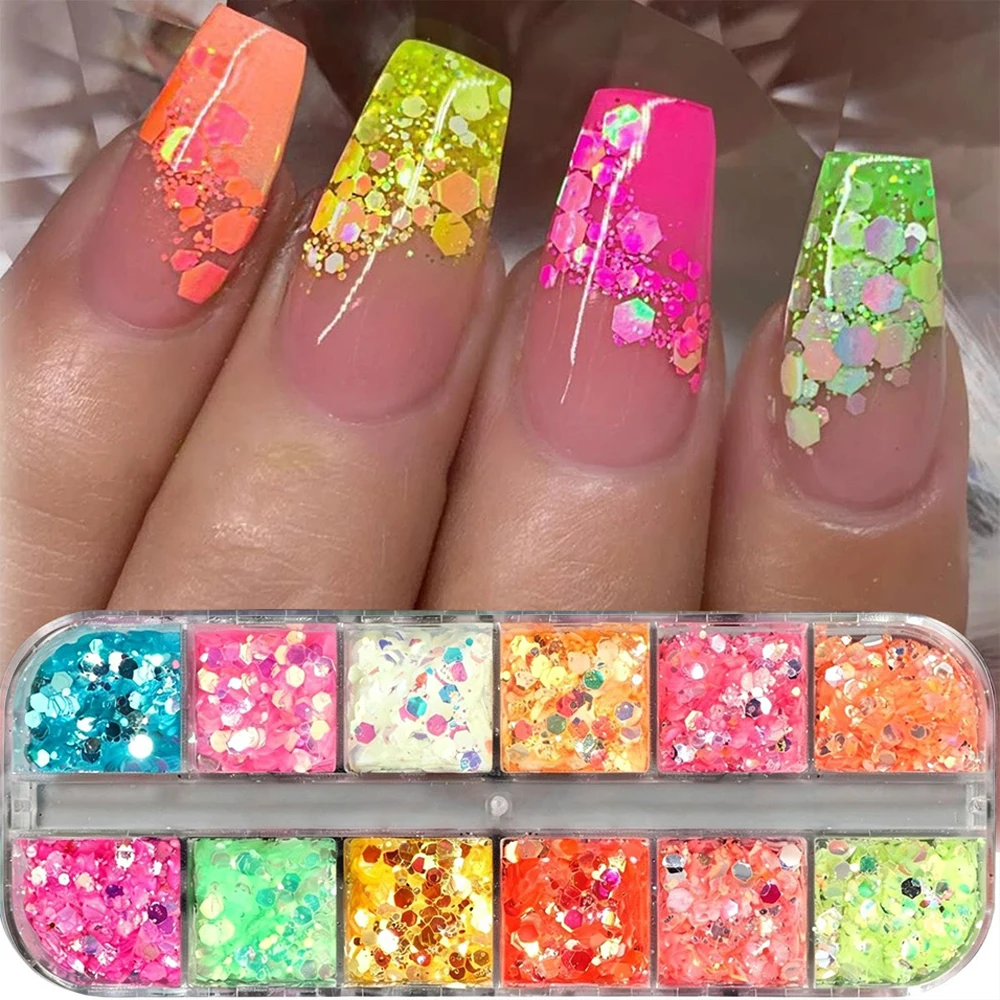 12Grid Aurora Chameleon Nail Glitter Flakes 3D Ultra-thin Holographic Hexagon Chunky Nail Sequins DIY Nail Makeup Paillettes Dec