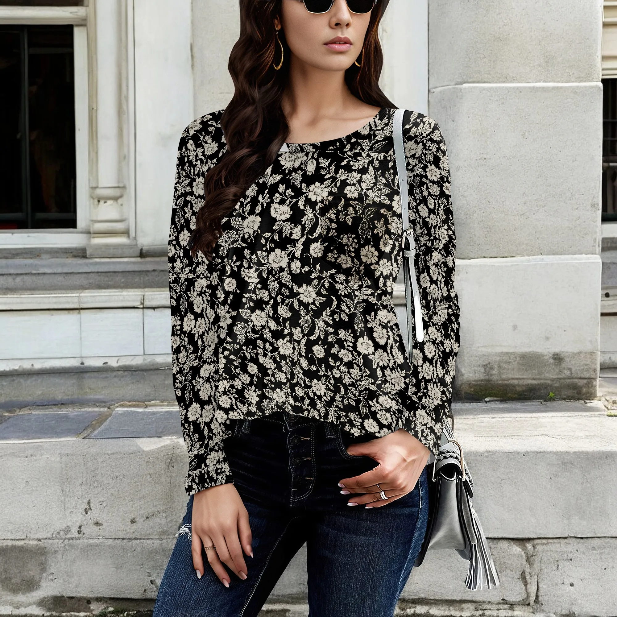 Top a tunica a maniche lunghe a sbuffo da donna Camicette girocollo pieghettate Camicie eleganti casual larghe invernali e primaverili