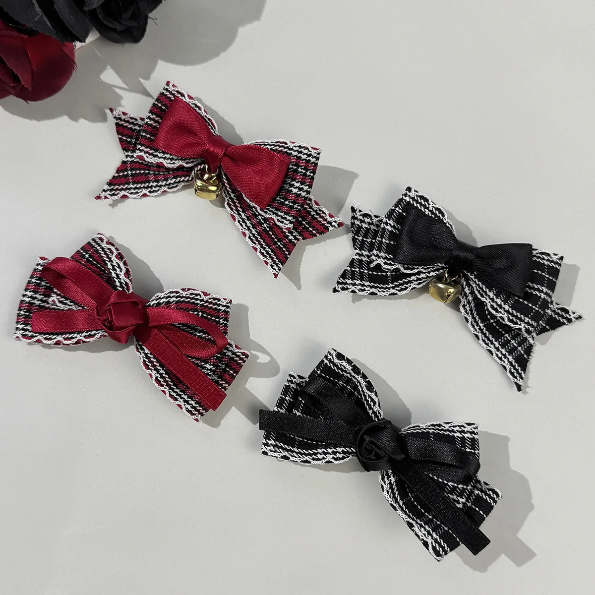 

Autumn and winter plaid lace bow hairpin female sweet cool wind bell rose fashion side clip red hair jewelry