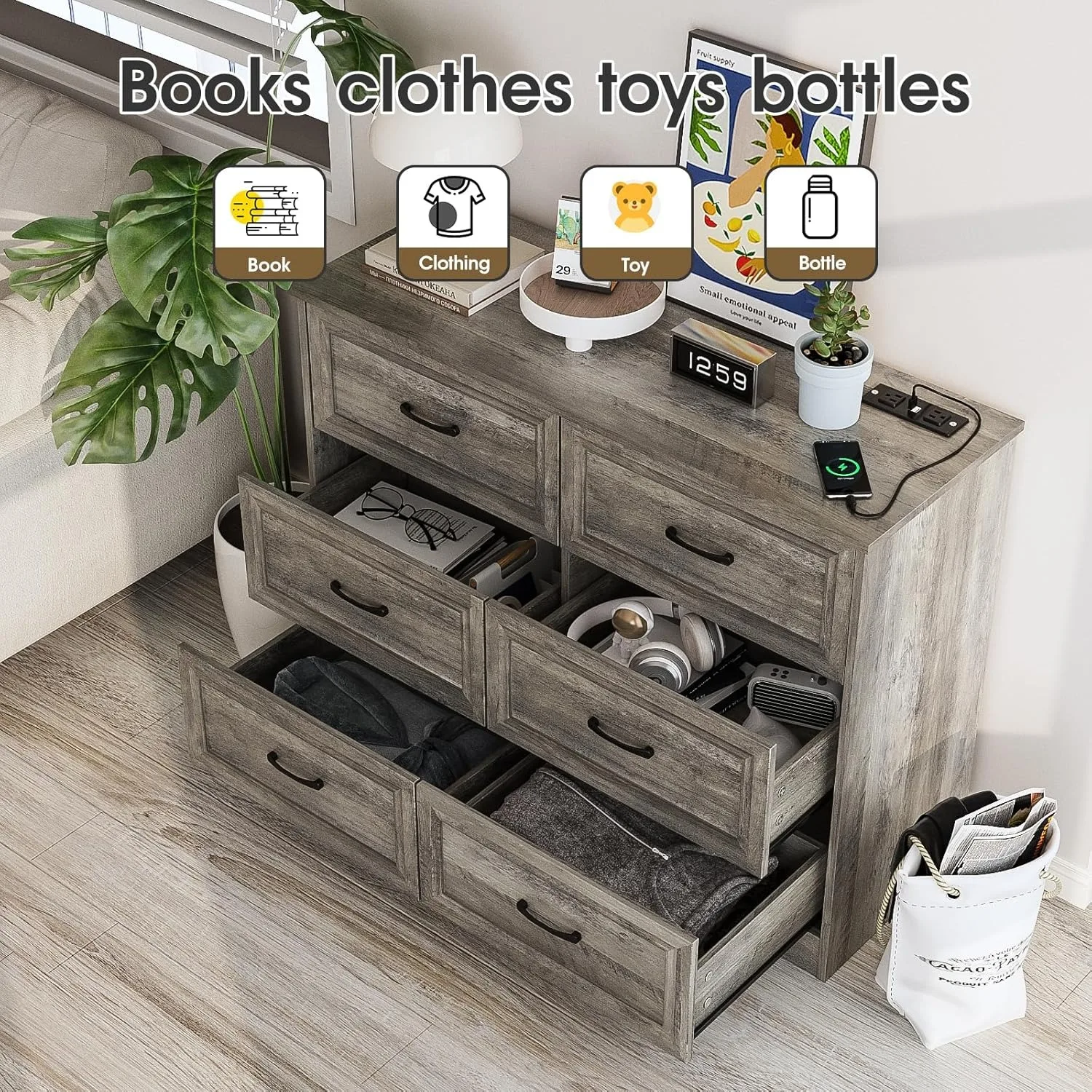 Dresser for Bedroom, 6 Drawer Wide Dresser Organizer with Charging Station, Dresser for Hallway, Wood Dresser with Metal Handles image 5