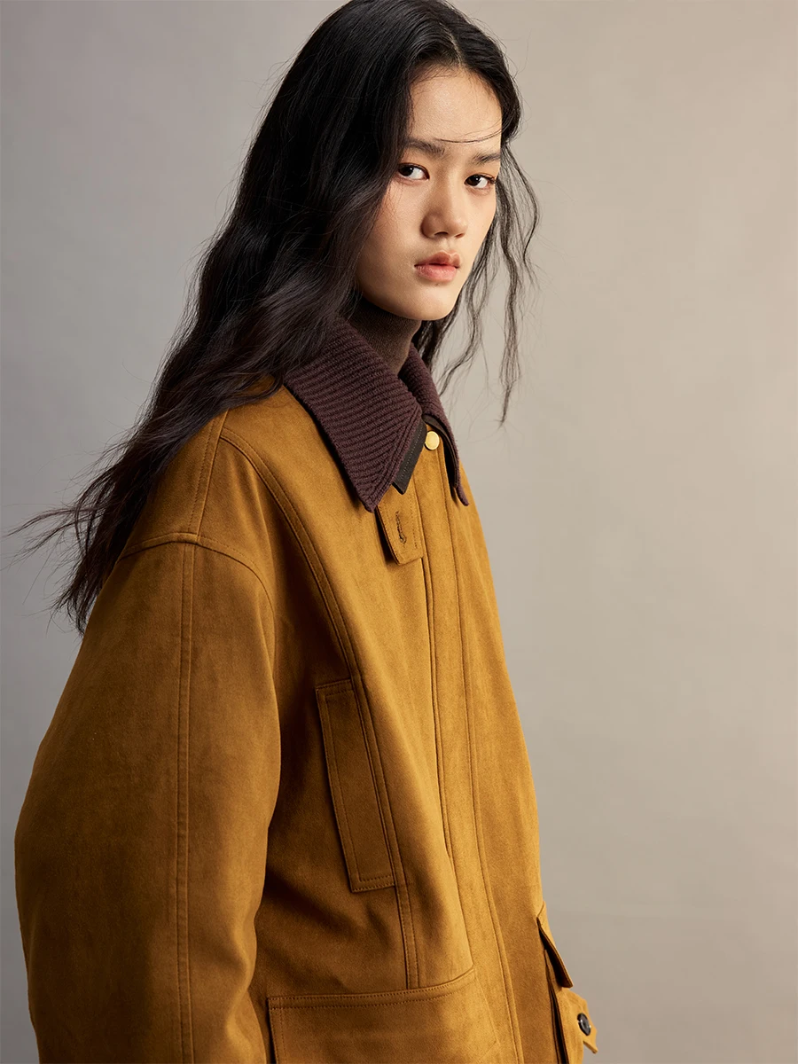 

CAREMIND Retro Contrast Color Winter Workwear Jaet Goose down Suede Coat Warm Thiened ort Sle for Women