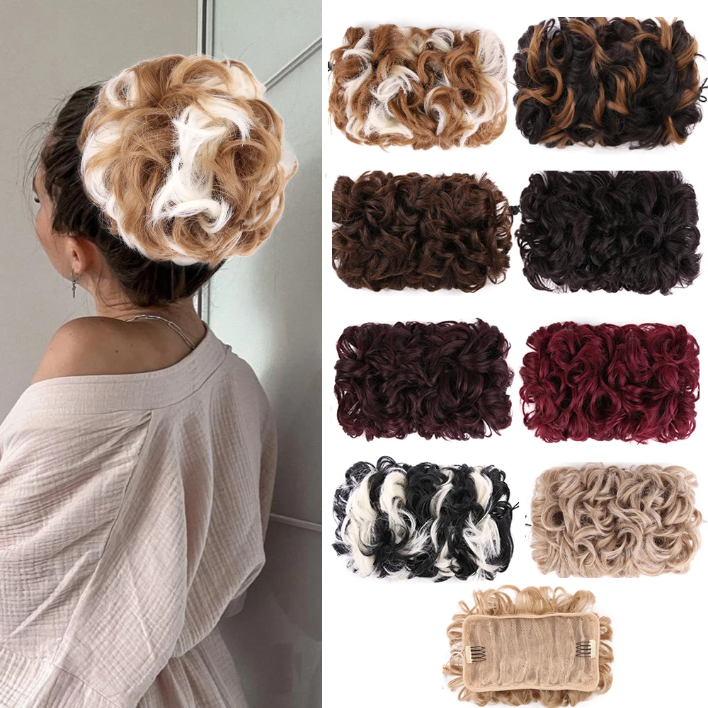 Coque de cabelo bagunçado, extensão de cabelo sintético, coque de cabelo encaracolado, scrunchie com faixa elástica, cordão curto, peça de rabo de cavalo