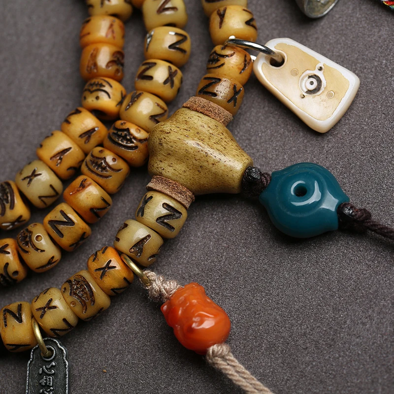 Traditional Yak Bead Necklace with 108 Buddha Beads, Bone, Glass, and Agate Accessories