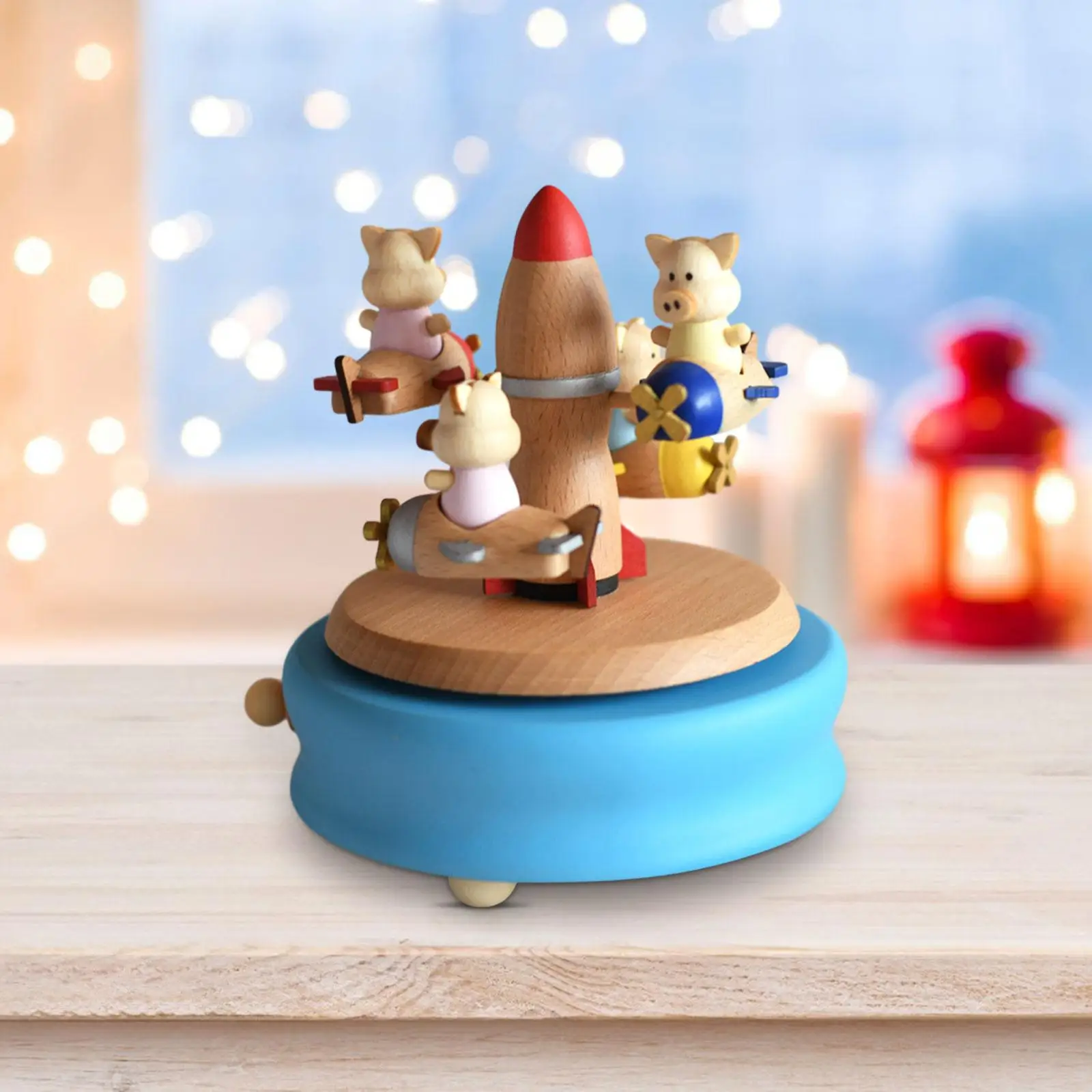 

Piggy Wooden Music Box Creative Statue Collectible Desktop Ornament Wood Sculpture for Festival Wedding Children Kids Friends