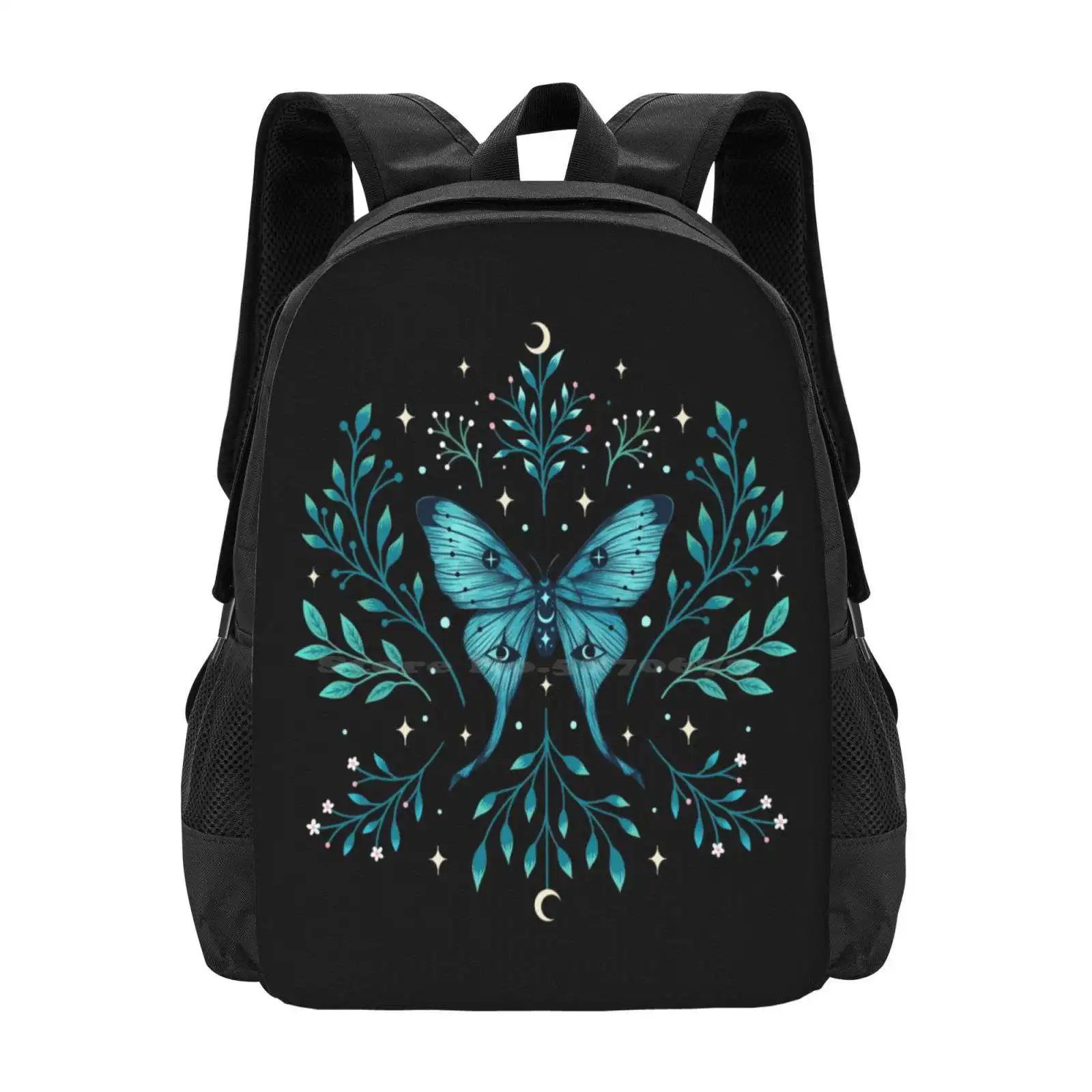 Mystical Moon Moth - Turquoise School Bag Big Capacity Backpack Laptop Luna Moth Magical Wicca Dark Blue Botanical Botany Boho