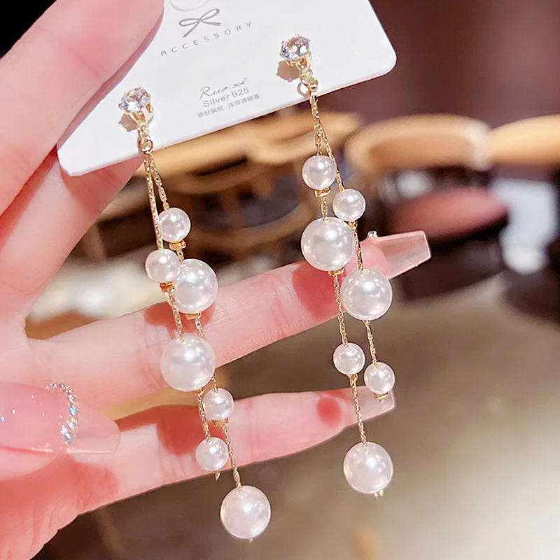 Imiation Pearl Long Tassel Dangle Earrings for Women Wedding Party Statement Jewelry Golden Rhinstones Trendy Drop Earrings