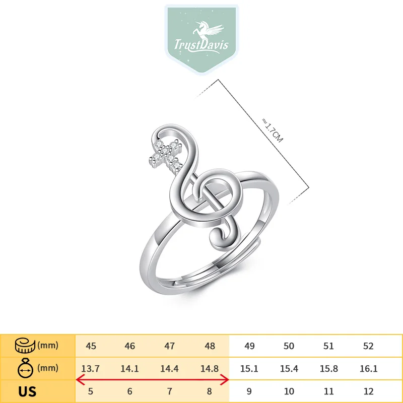 TrustDavis Silver Ring Sweet Music Notes 9825 Sterling Silver Cocktail Opening Ring for Women Gril Party Fine Jewelry DF2126