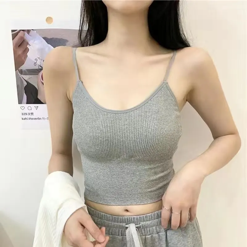 New With Bra V-Neck Tube Crop Top Women Kpop Sexy Camis Tanks Vintage Y2K Knitwear Backless T-shirt Woman Skinny Tee Shirt Cloth