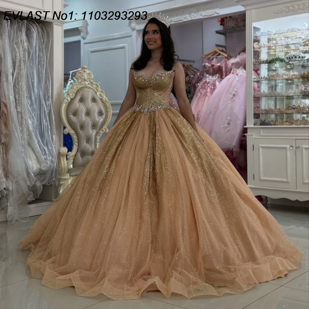 

EVLAST Customized Sparkly Gold Quinceanera Dress Ball Gown Shiny Lace Applique Beading Bow Sweet 16 Vestidos De 15 Anos E1QN442
