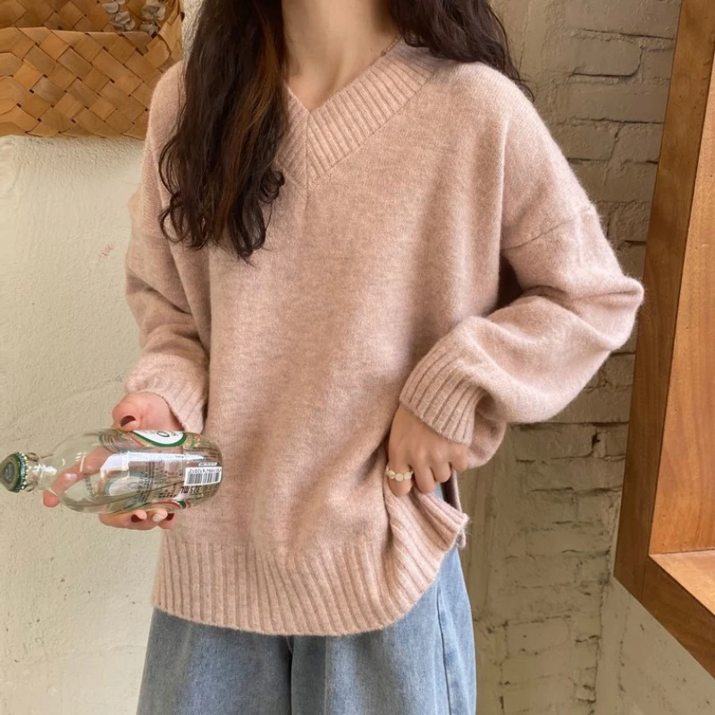 سترة نسائية محبوكة فضفاضة على شكل حرف V لينة زرقاء ربيع الخريف عادية حلوة مباراة طويلة Sve قاعدة Sle اليابانية irt #4