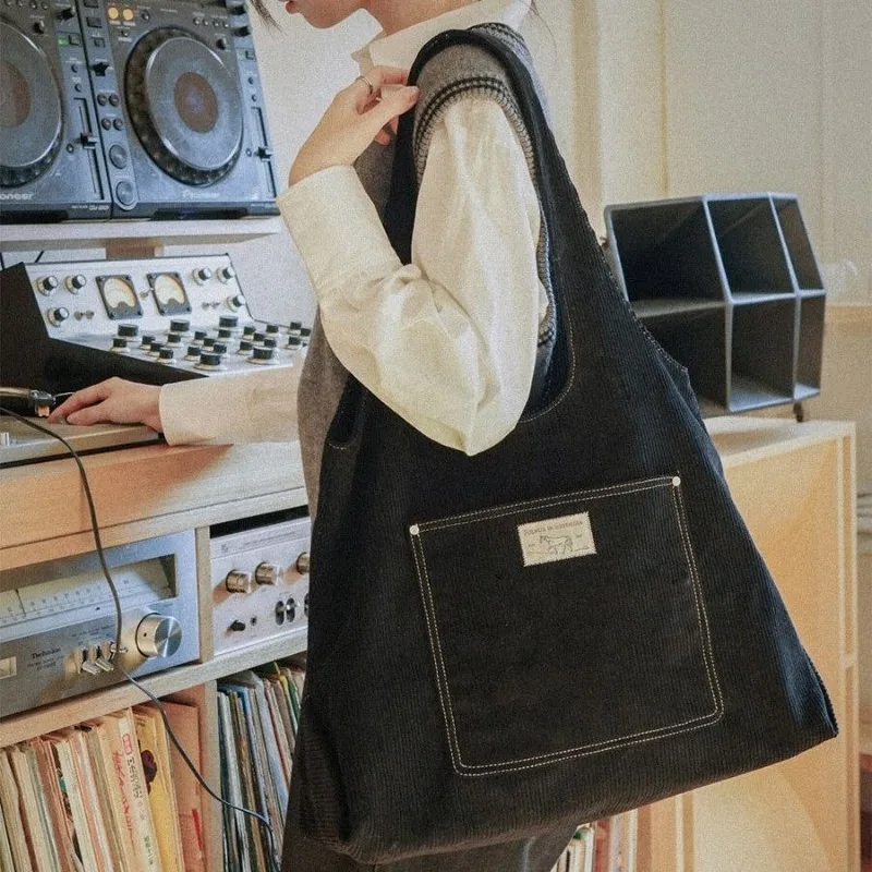 Vintage Corduroy Tote Bag Women Large Capacity University School Shoulder Bag Female Fashion Korean Spring Commuting Handbag