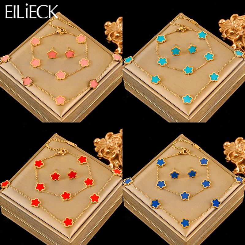 

EILIECK 316L Stainless Steel 7-Color Leaf Clover Necklace Bracelets Earrings Set For Women New Trendy Gift Waterproof Jewelry