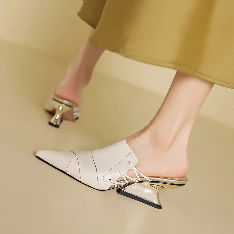 2026 summer women sandals natural leather 22-25cm cowhide+sheepskin pleated pointed toe mules high heel women slippers fashion