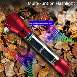 Solar powered car mounted safety hammer flashlight -13 in 1 multifunctional T6 strong light flashlight with cutting compass