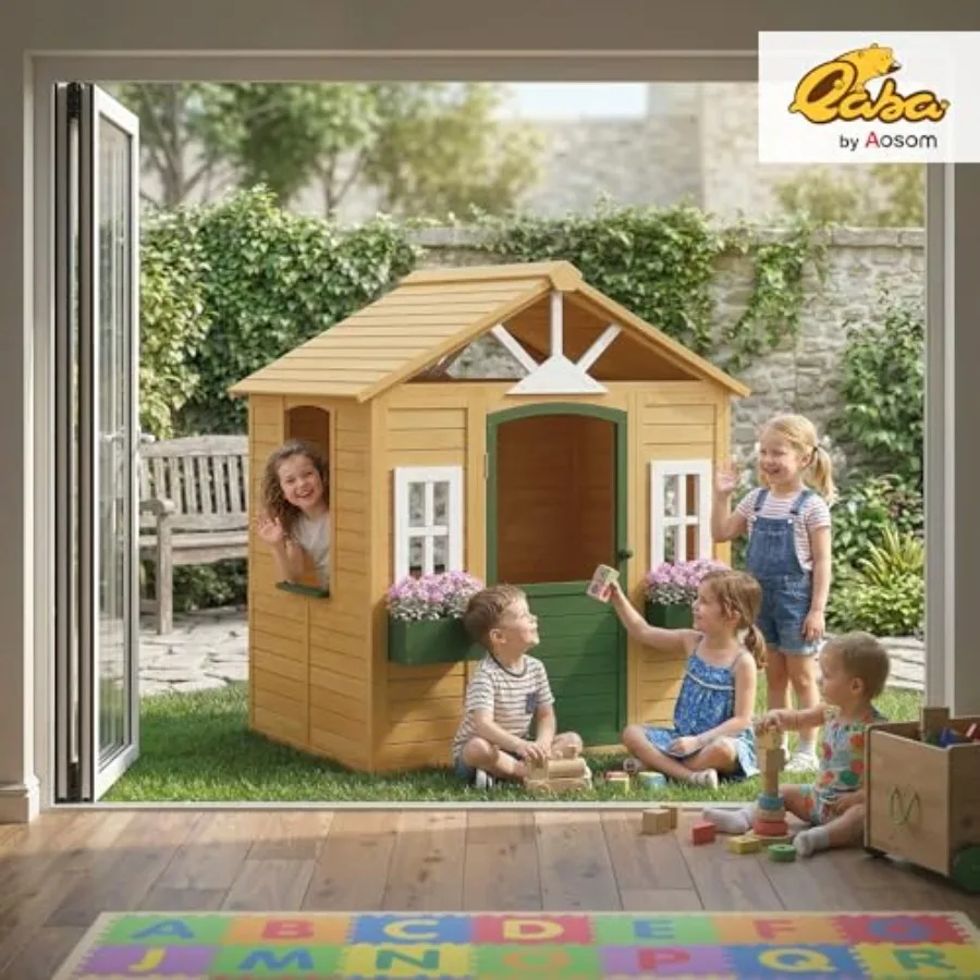 Outdoor playhouse for ages 38, wooden construction, brown finish, functional door and three windows with two flower boxesideal