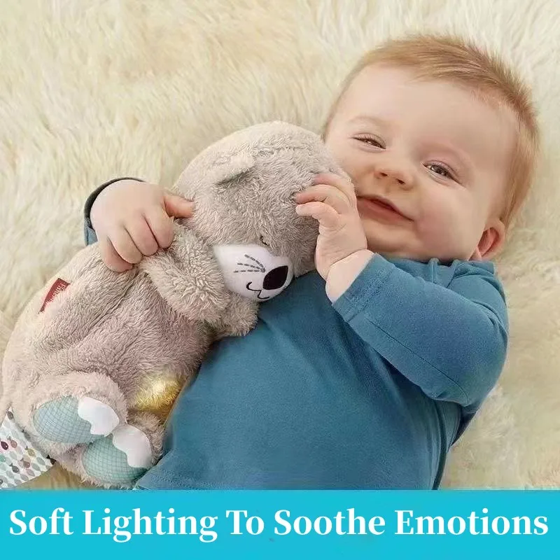 Baby Breathing Bear Baby Soothing Otter Plush Doll Toy Baby Kids Soothing Music Sleeping Companion Sound and Light Doll Toy Gift