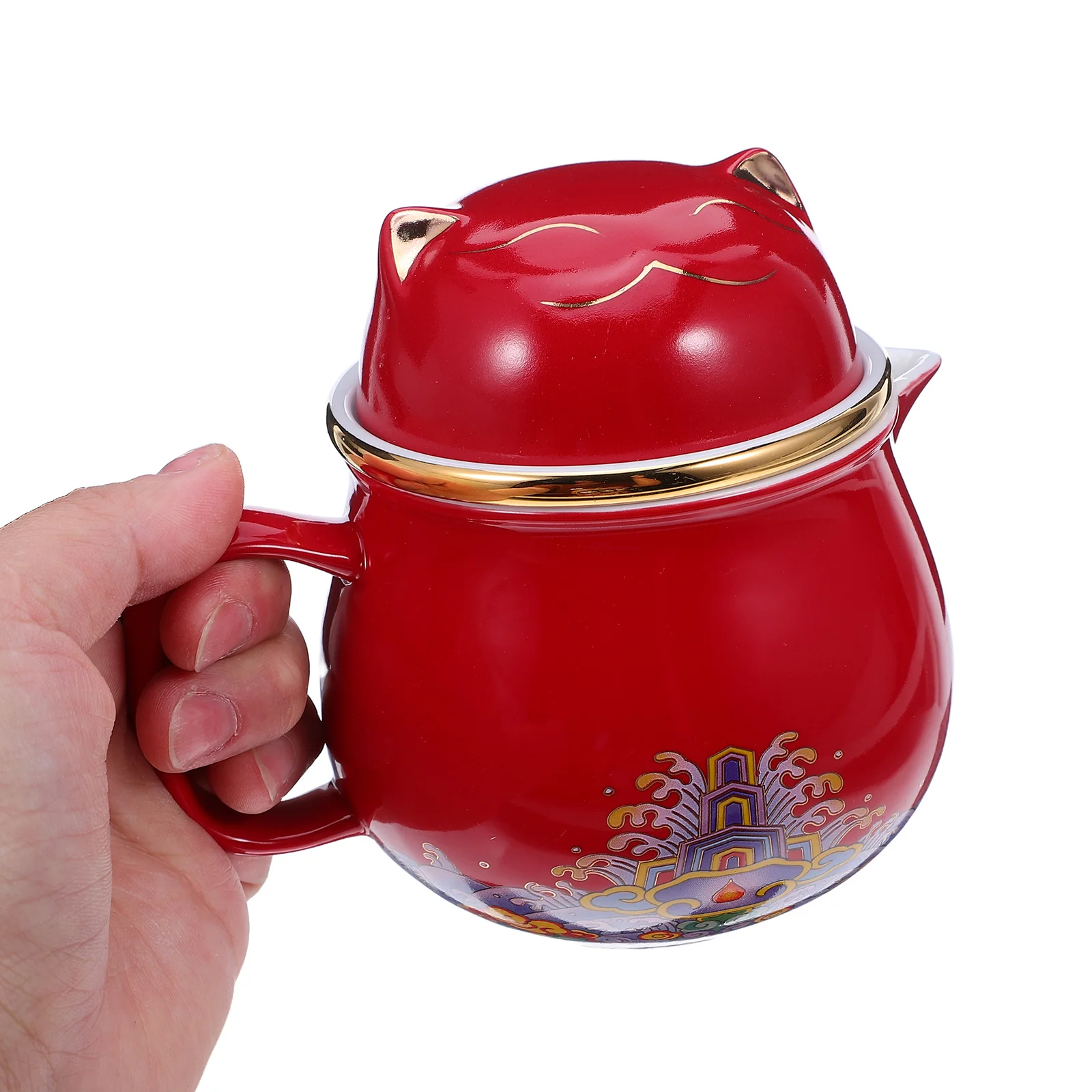 

1Set Lucky Cat Ceramic Tea Set with Gold Accents Portable Chinese Gongfu Teapot and Cups for Office Travel Home Use