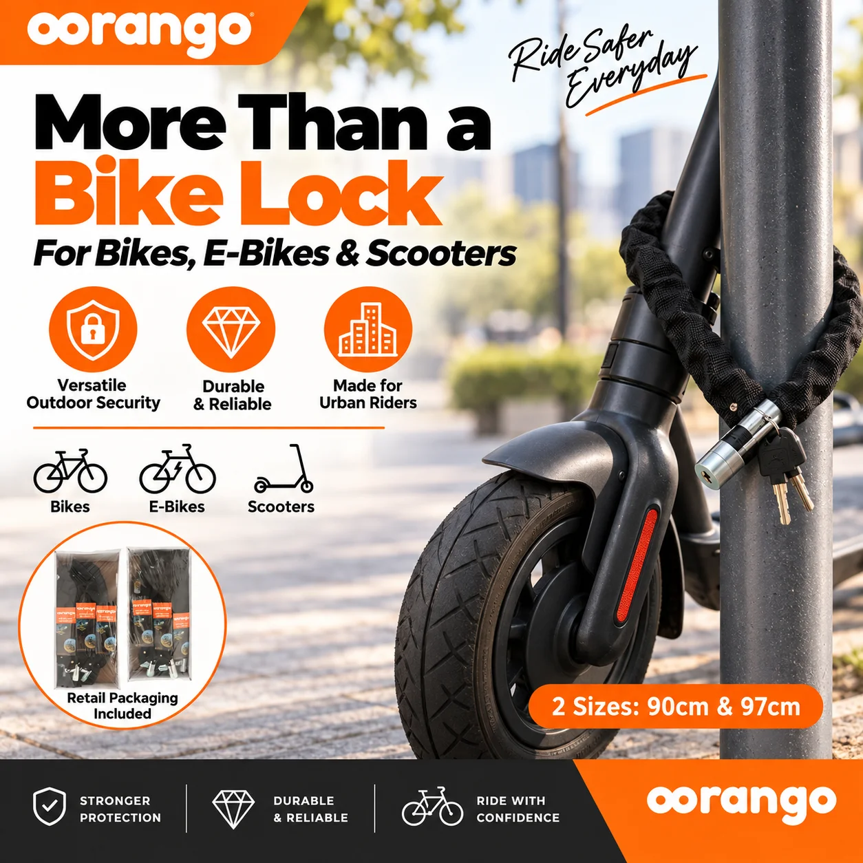 Lucchetto a catena per bicicletta da 90 cm / 97 cm con chiavi, antifurto, lucchetto di sicurezza per biciclette, catena robusta rivestita in tessuto per e-bike, scooter, moto e ciclismo.