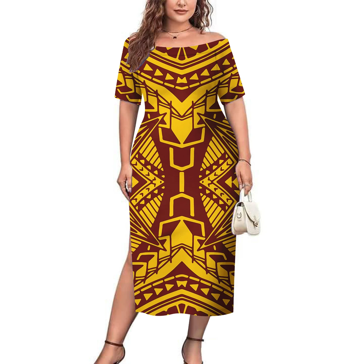 Pacific Island Hibiscus Flower Design Samoa Fiji Hawaiian Tribal Style Custom Women'S One-Shoulder Slimming Slit Dress Polynesia