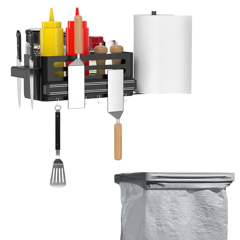 

Griddle Caddy With Trash Bag Holder - Grill Magnetic Tool Holder - Grill Caddy For Outdoor - Carbon Steel - Bbq For Outdoor