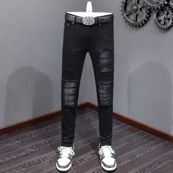 Designerska moda nowe czarne męskie dżinsy stretch slim fit zgrywanie patchworkowe dżinsy high street hip-hop marka wysokiej jakości spodnie