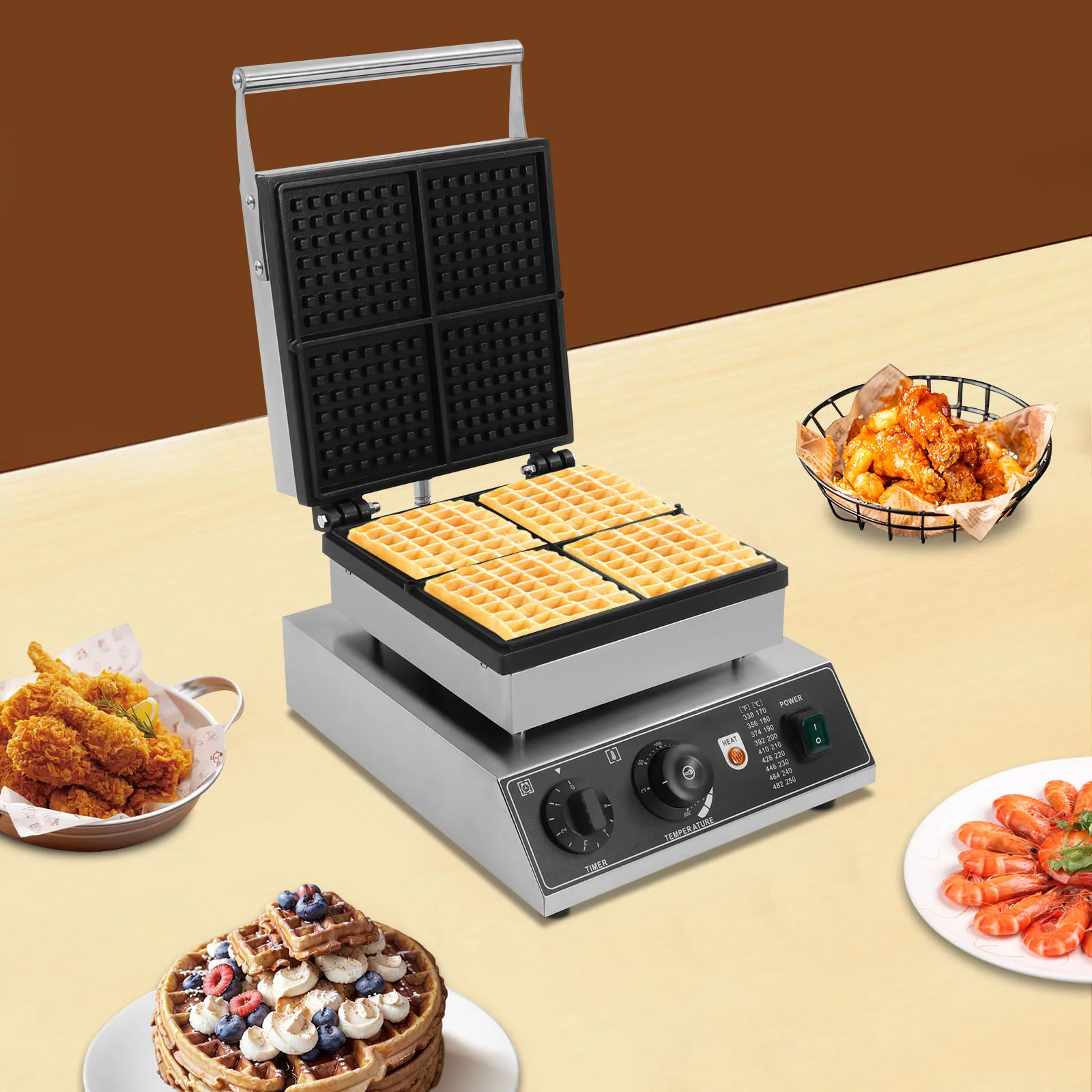 Máquina para Hacer Waffles Eléctrica de 1750W, con 4 Rejillas, para Hacer Waffles en Cocinas Domésticas y Comerciales 50-300 ℃