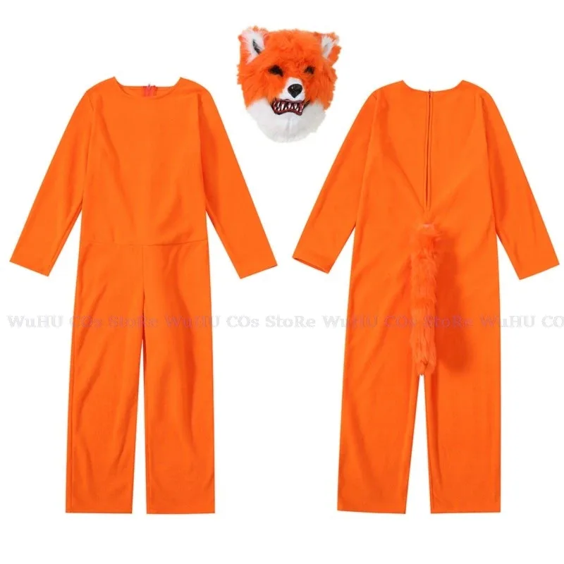 2025 Kids Party Costumes For Animal Plush Children Halloween Cosplay Orange Jumpsuit Performance Dress Carnival Fox Mask