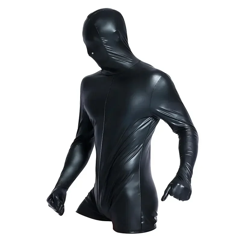 Sexy Men Mask Full Body Shiny BodySuit PU Faux Leather Sexy Tight Catsuit One-piece DS Club Stage Gay Wear