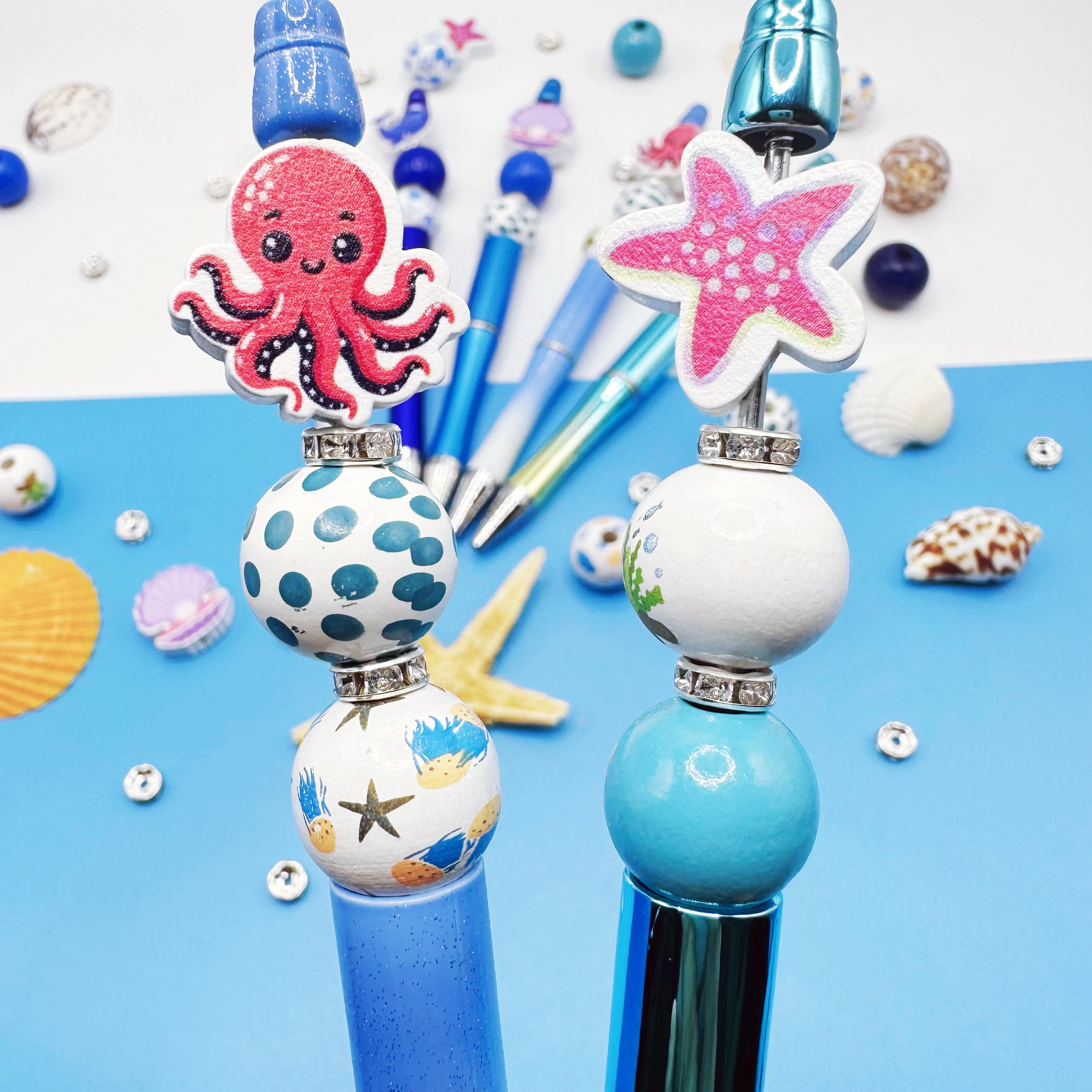 7個入り水中世界カニタコクジラヒトデ貝殻テーマDIYビーズボールペンと木製ビーズセットDIYビーズ用品