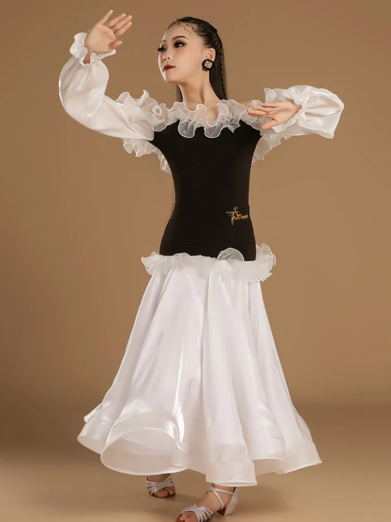 Girls Stringy Mesh Modern Dance Waltz Art Exam Dress Ballroom Competition Training Dress National Standard Dancewear Costume