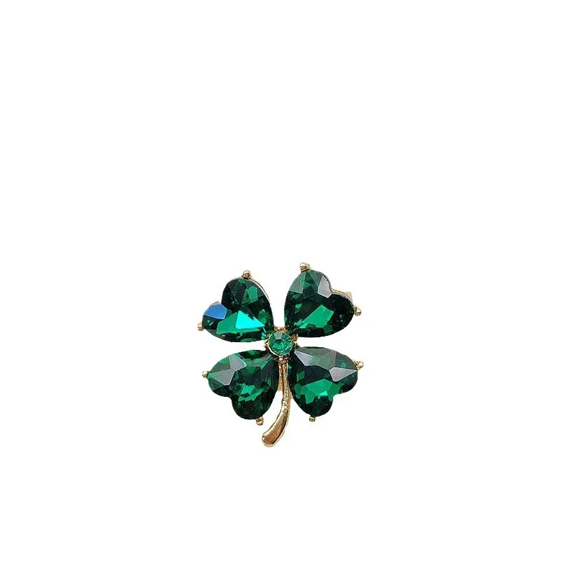 คริสตัลสีเขียวฝัง Lucky Four-Leaf Clover เข็มกลัดผู้หญิงเสื้อสูท Corsage COLLAR PIN