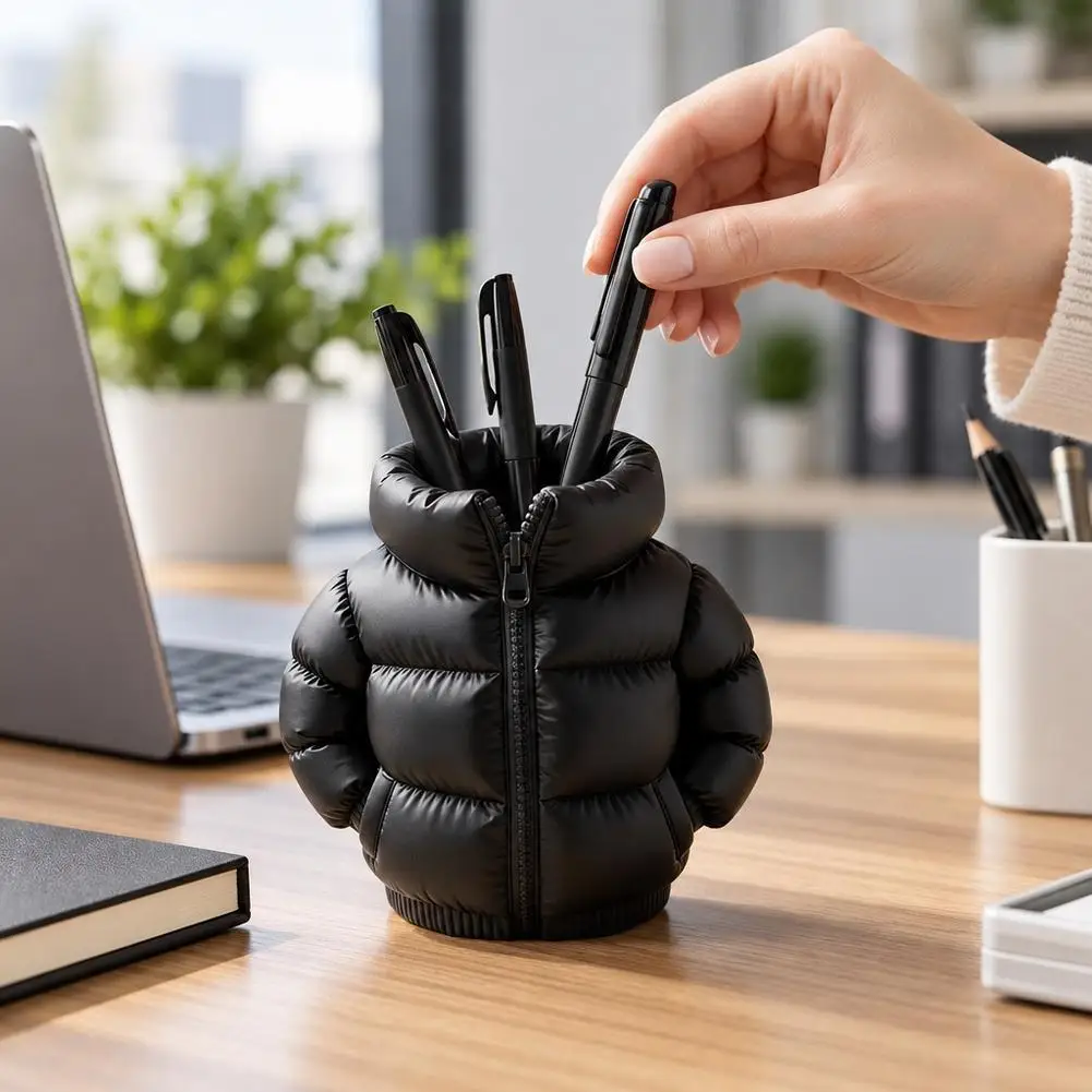 Funny Down Jacket Shaped Pen Holder, Creative 3D Printed Puffer Shape Pencil Cup Desktop Organizer for Home Office Decoration