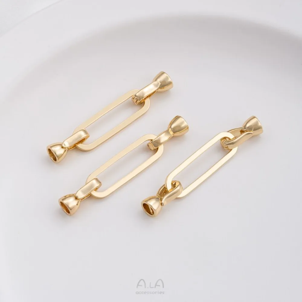 Klip Tembaga Warna Emas 14K Bentuk Oval Strip Sederhana Fashion Gesper Mutiara Buatan Tangan DIY Kalung Rantai Sweater Aksesoris Ujung Rantai