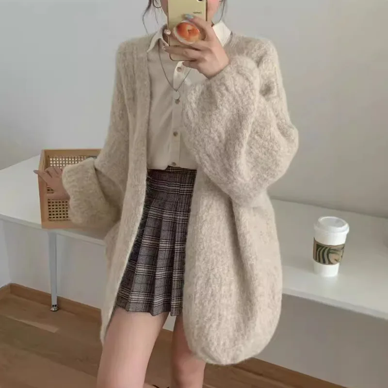 [EWQ] Puff Long Sleeve Soft Female Apricot Knitted Cardigan Solid All-match Loose Women Winter Sweater Coat 2024 Autumn 16O2237