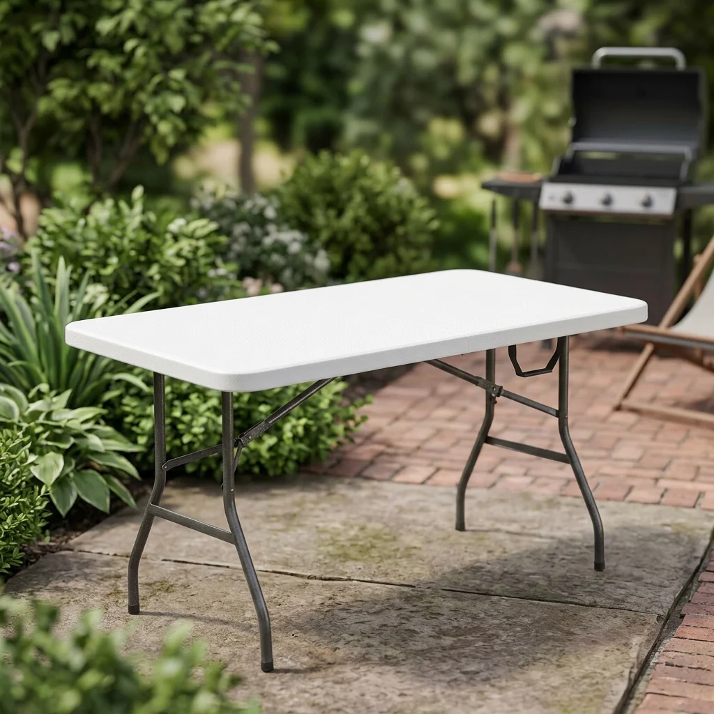 6‑Foot Premium Folding Table, White Speckled Surface, Center‑Fold Design With Carry Handle, Weather‑Resistant Top For Parties, BBQ And Catering Events
