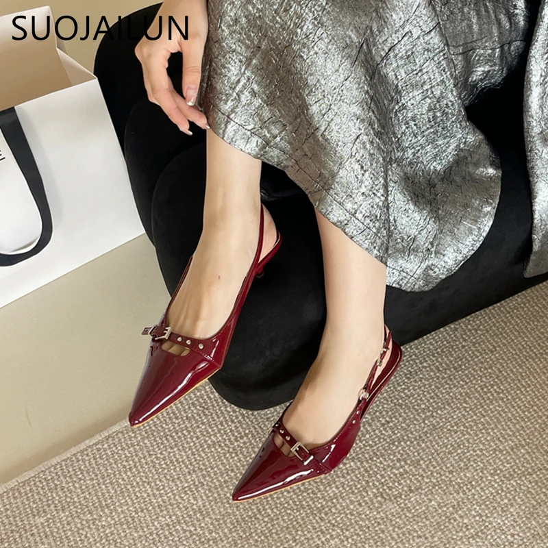 SUOJIALUN 2024 New Brand Women Sandal Fashion Red Pointed Toe Shallow Slip On Slingback Sandal Thin Low Heel Dress Pumps Shoes