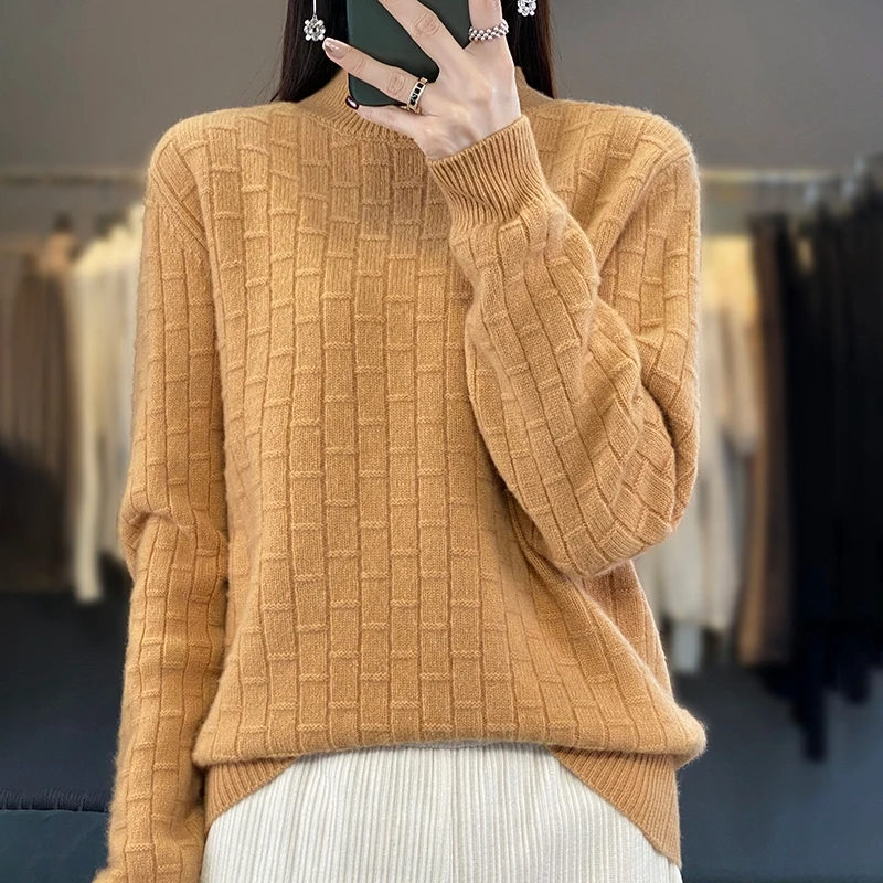 

2023 Autumn/Winter New 100% Wool Cashmere Sweater Women's Half High Neck Knitted Pullover Loose Fashion Soft Women's Top