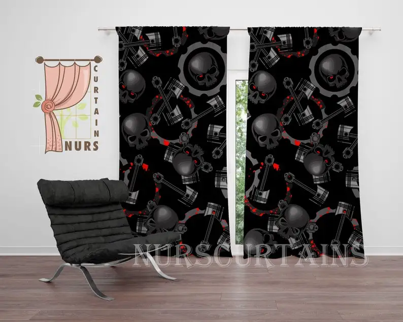 Engine Skull Blackout Curtain: Gothic Horror Room Decor