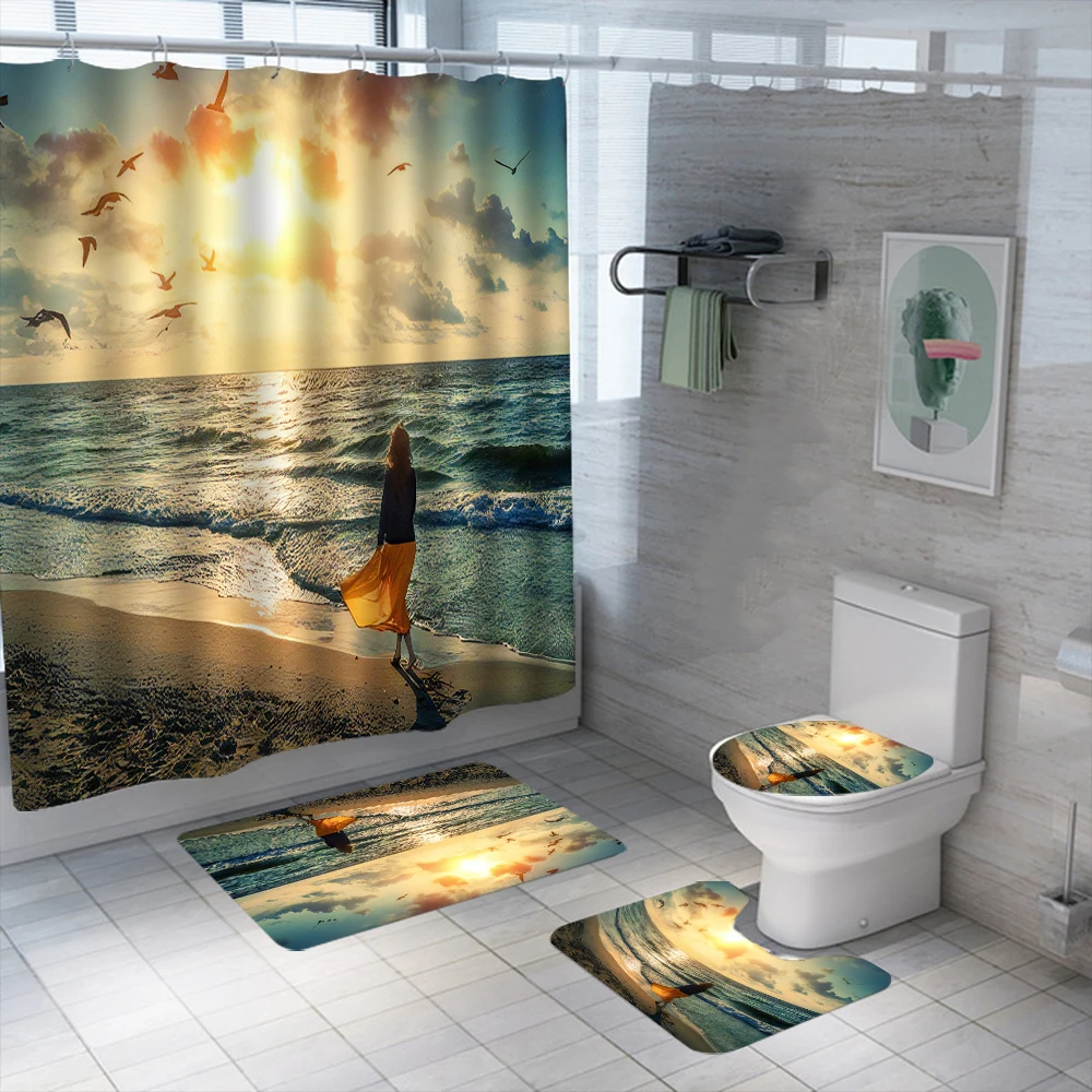 3D Printed Beach Shower Curtain Set Waterproof Washable Polyester Bath Curtain Anti-slip Rugs Toilet Lid Cover Bath Mat Set