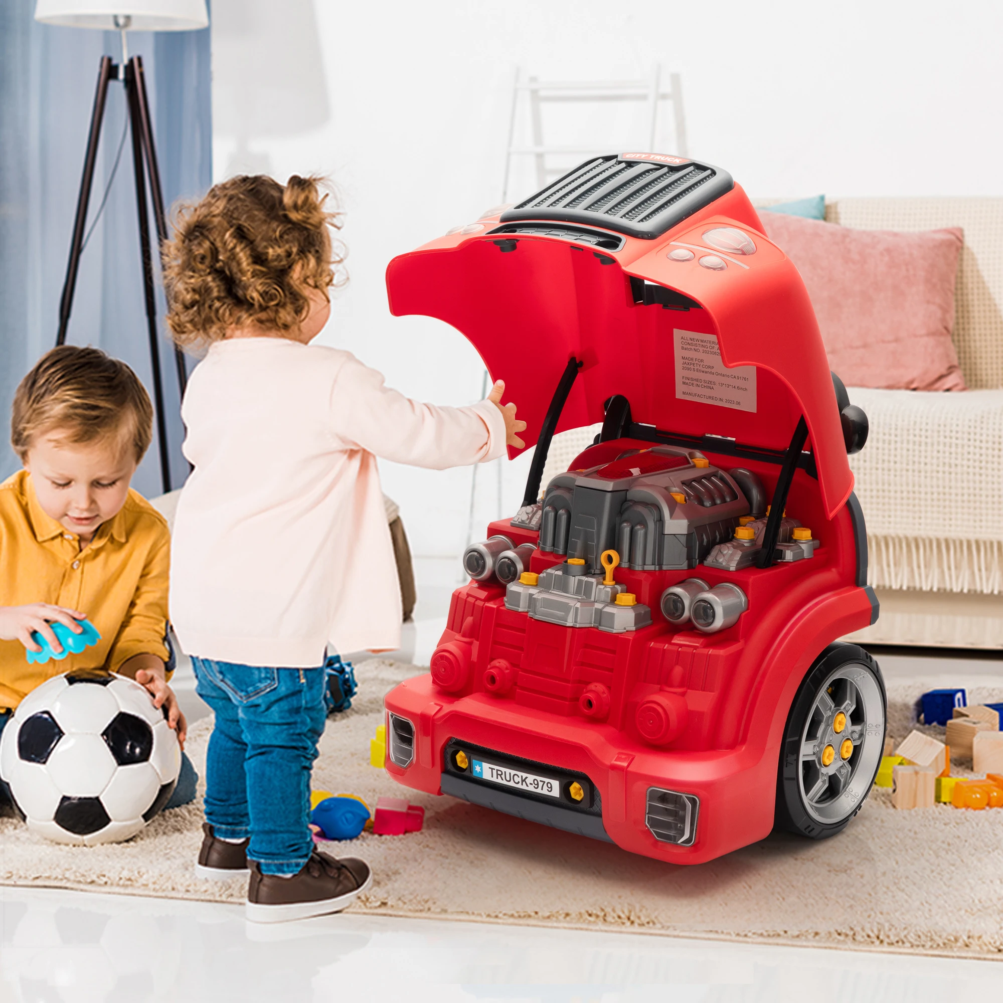 Large Truck Engine Toy, Kids Mechanic Repair Set, Take Apart Motor Vehicle, Pretend Play Car Service Station with Light Horn Ala