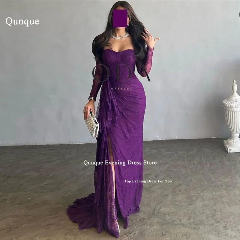 

Qunque Purple Lace Formal Occasion Dress For Women Sweetheart Split Train Mermaid Prom Dresses Lady Cocktail Evening Party Gowns
