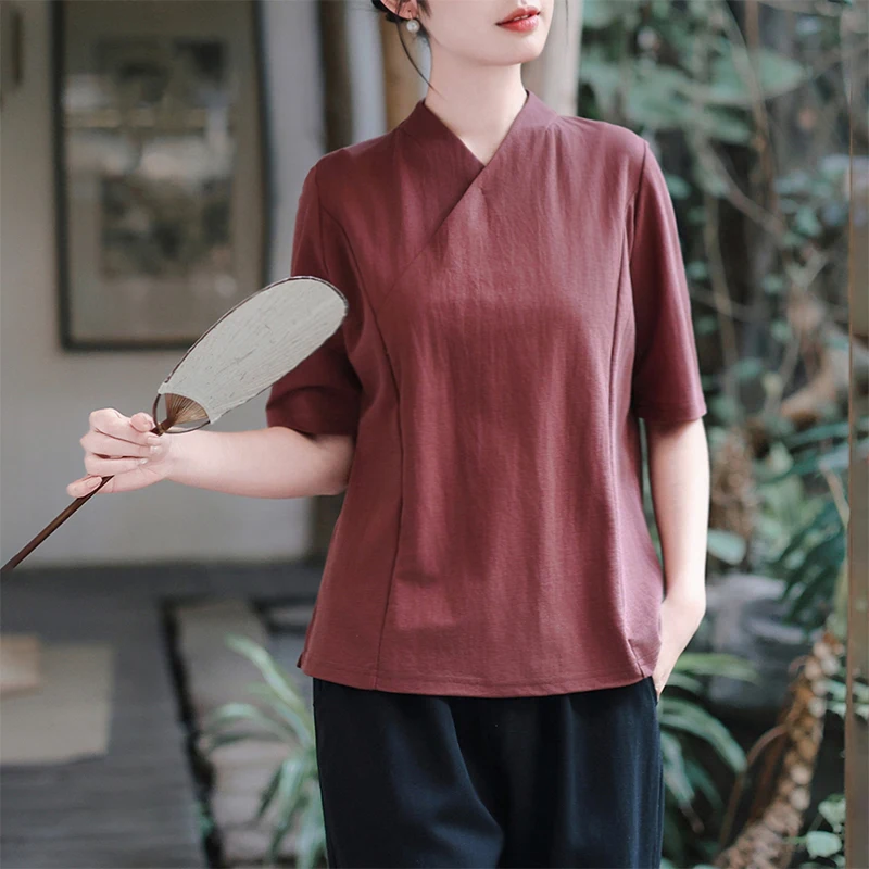 

New Chinese Style Women's plus Size Top Cover Belly V-Neck Short Sleeve Basic Shirt Commute Artistic Thin Fabric Summer