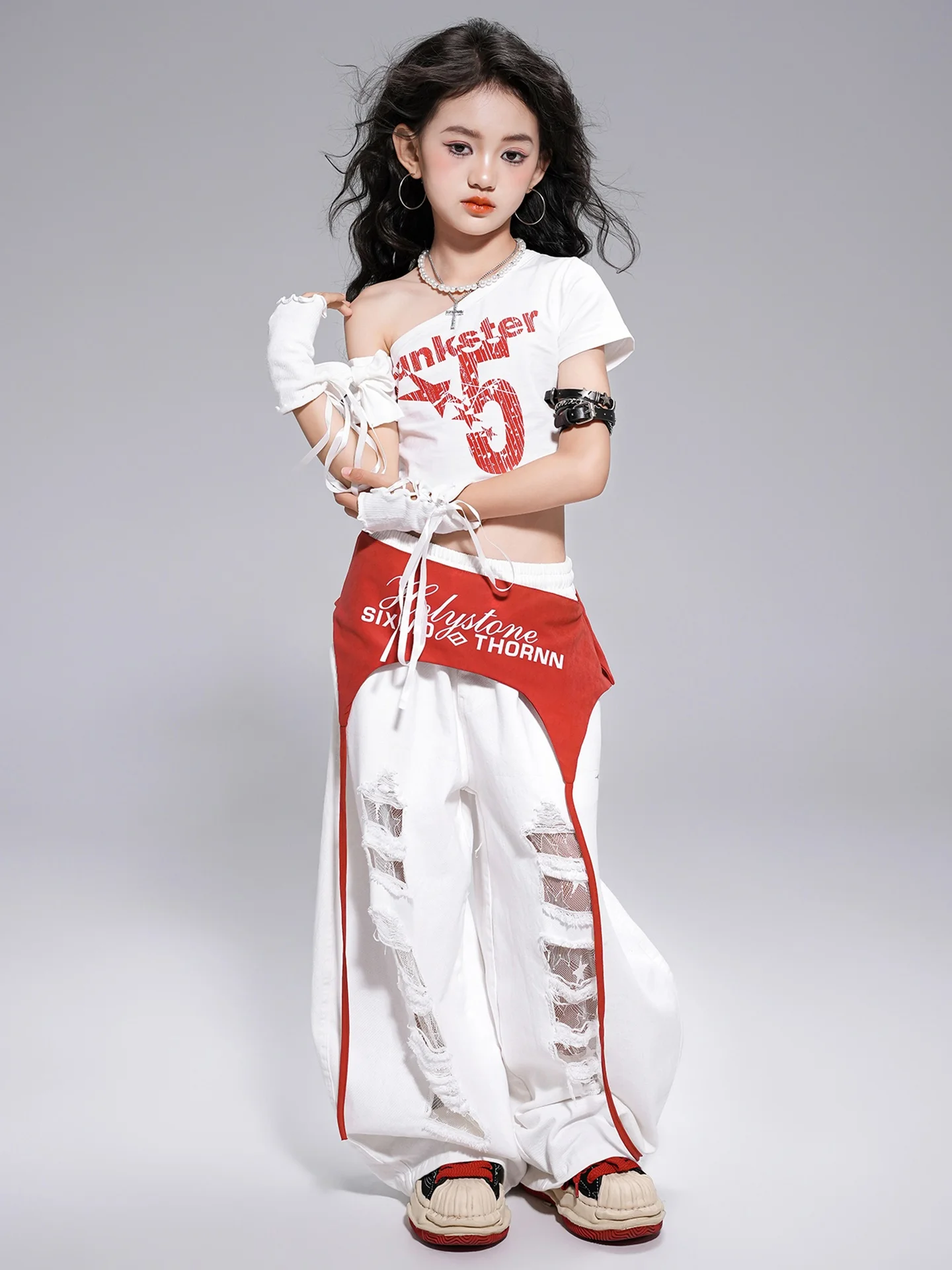 Meisjes Kpop Dans Hip Hop Jazzdans Kostuums Wit Schuine Schouder Tops Broek Pak Praktijk Street Dance Wear Kleding DQL10986